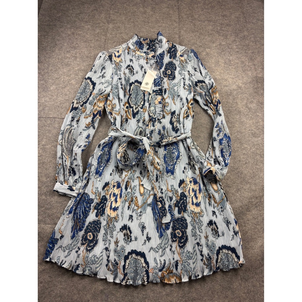 Tory Burch Deneuve Dress Blue Happy Times Floral Pleated Knee Length Womens 00